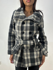 vintage edit thirty-three | small plaid checkered black and white pea coat jacket with belt