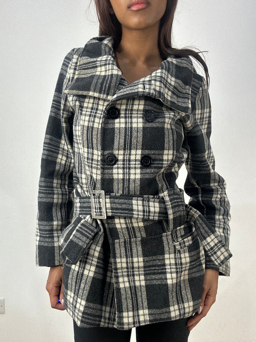 vintage edit thirty-three | small plaid checkered black and white pea coat jacket with belt