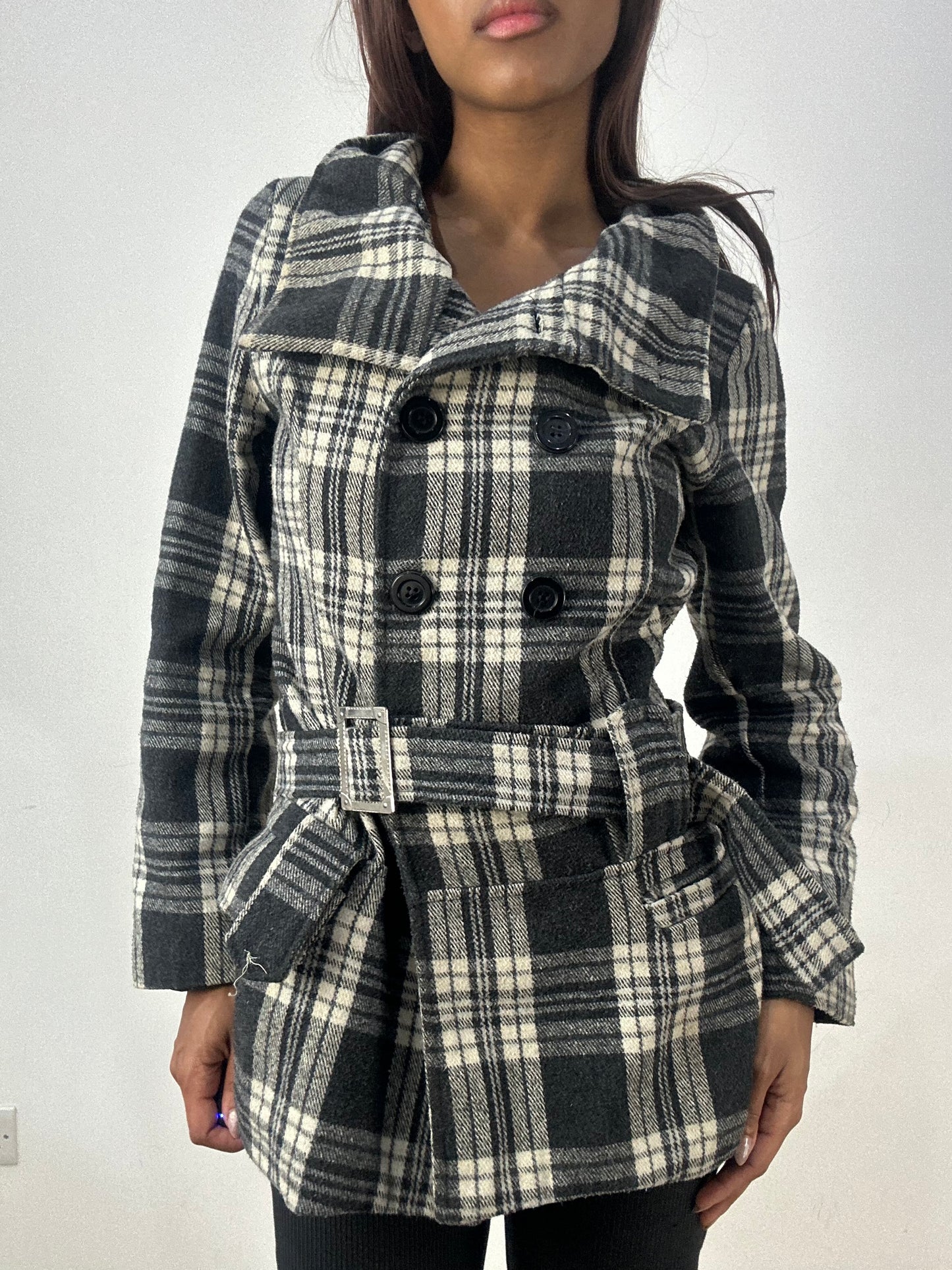 vintage edit thirty-three | small plaid checkered black and white pea coat jacket with belt