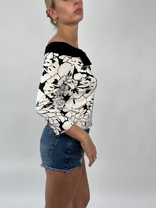 COCONUT GIRL DROP | small white off the shoulder top with black floral print