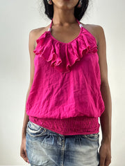 Vintage Edit: Festival | kleines rosa Rüschen-Neckholder-Top mit Perlendetails