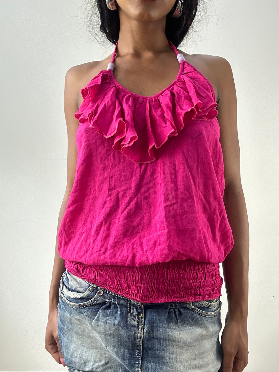 Vintage Edit: Festival | kleines rosa Rüschen-Neckholder-Top mit Perlendetails