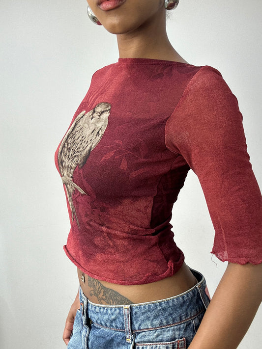 vintage edit thirty-two | small burgundy red mesh overlay top with bird graphic