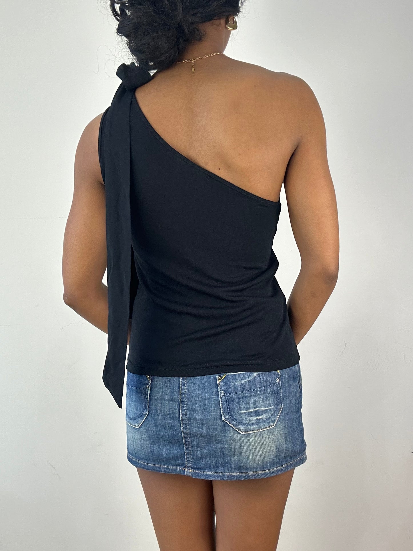 vintage edit: tops | small black asymmetric one shoulder tie up top