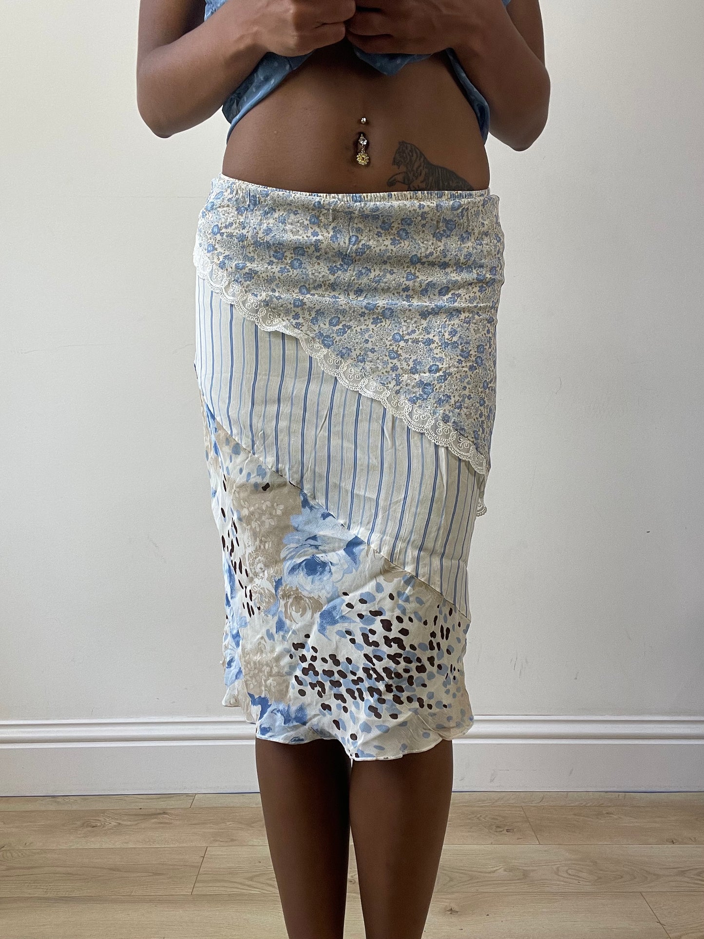 vintage edit twenty-seven | extra small white midi skirt with floral pinstripe print and lace detail