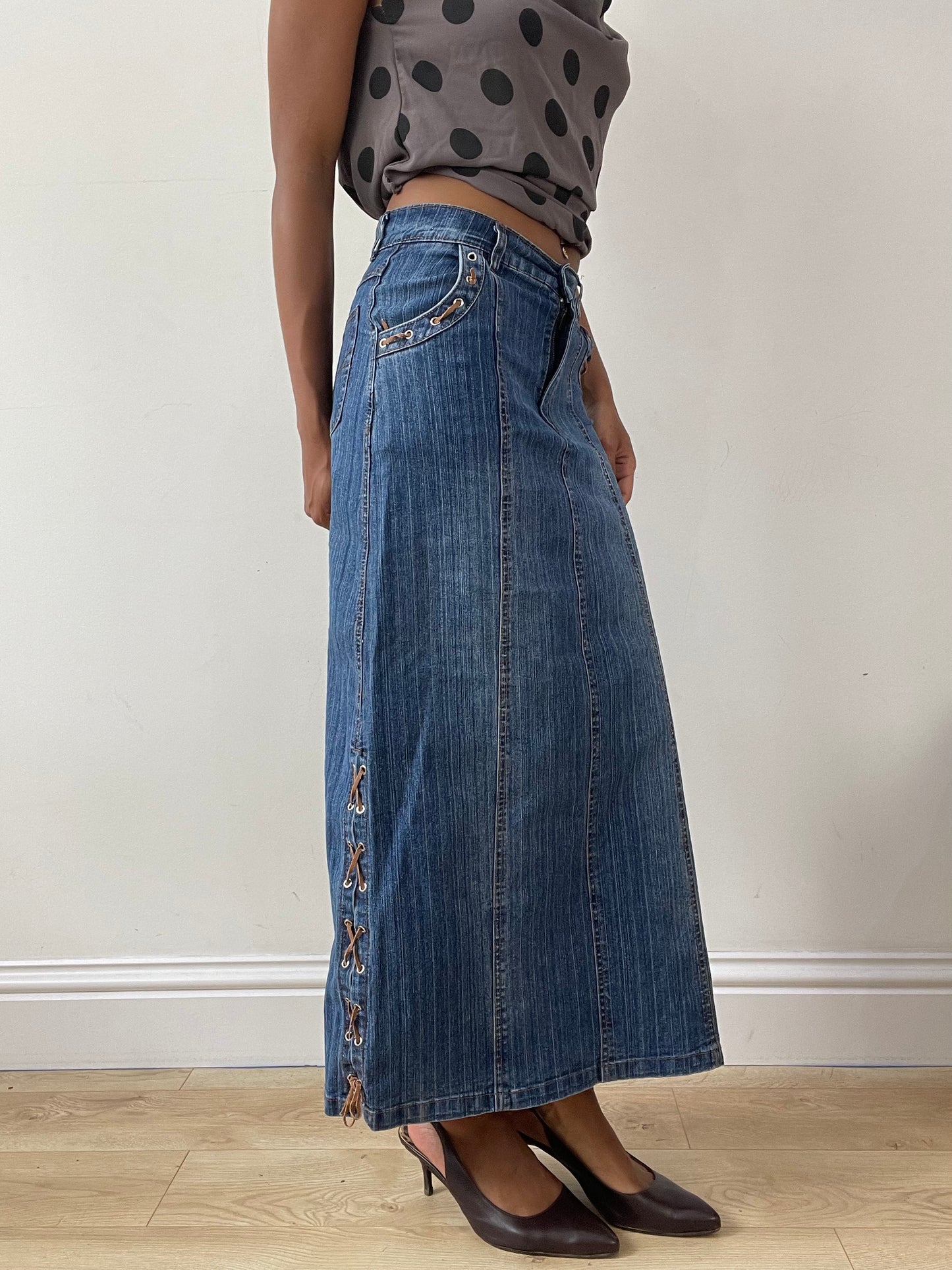 vintage edit twenty-nine | extra small blue denim maxi skirt with lace up detail
