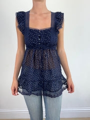 summer edit | small navy mesh short sleeve top with polka dot print