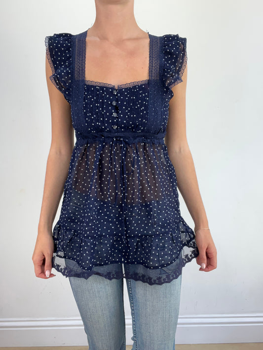 summer edit | small navy mesh short sleeve top with polka dot print