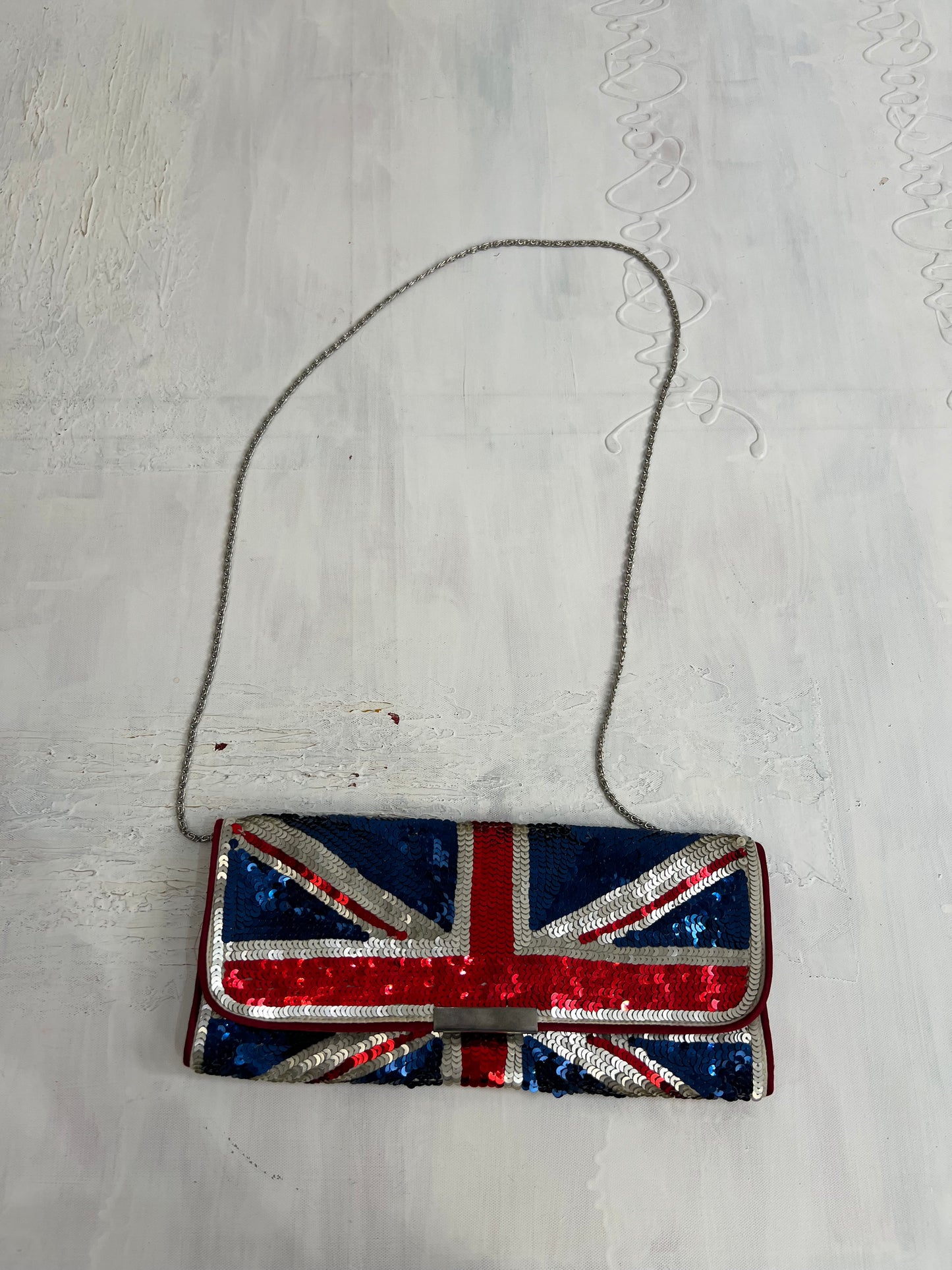 vintage edit thirty | navy and red sequin crossbody bag with british flah print