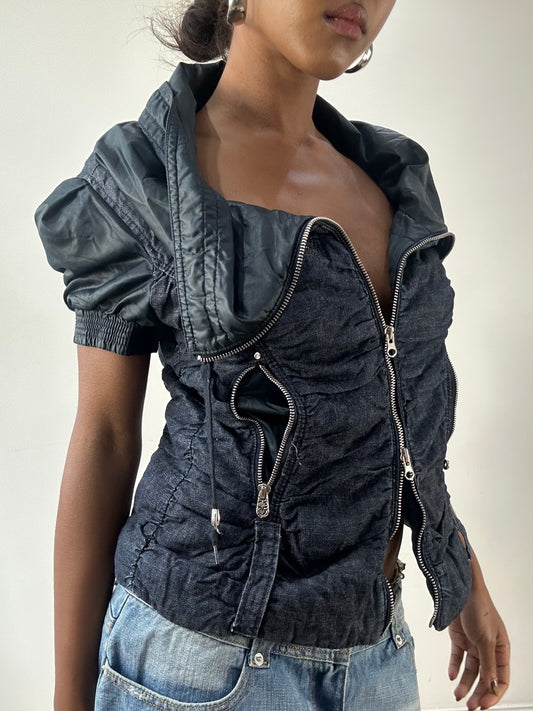 LFW edit | extra small navy blue miss sixty jacket with silver dual zip detail