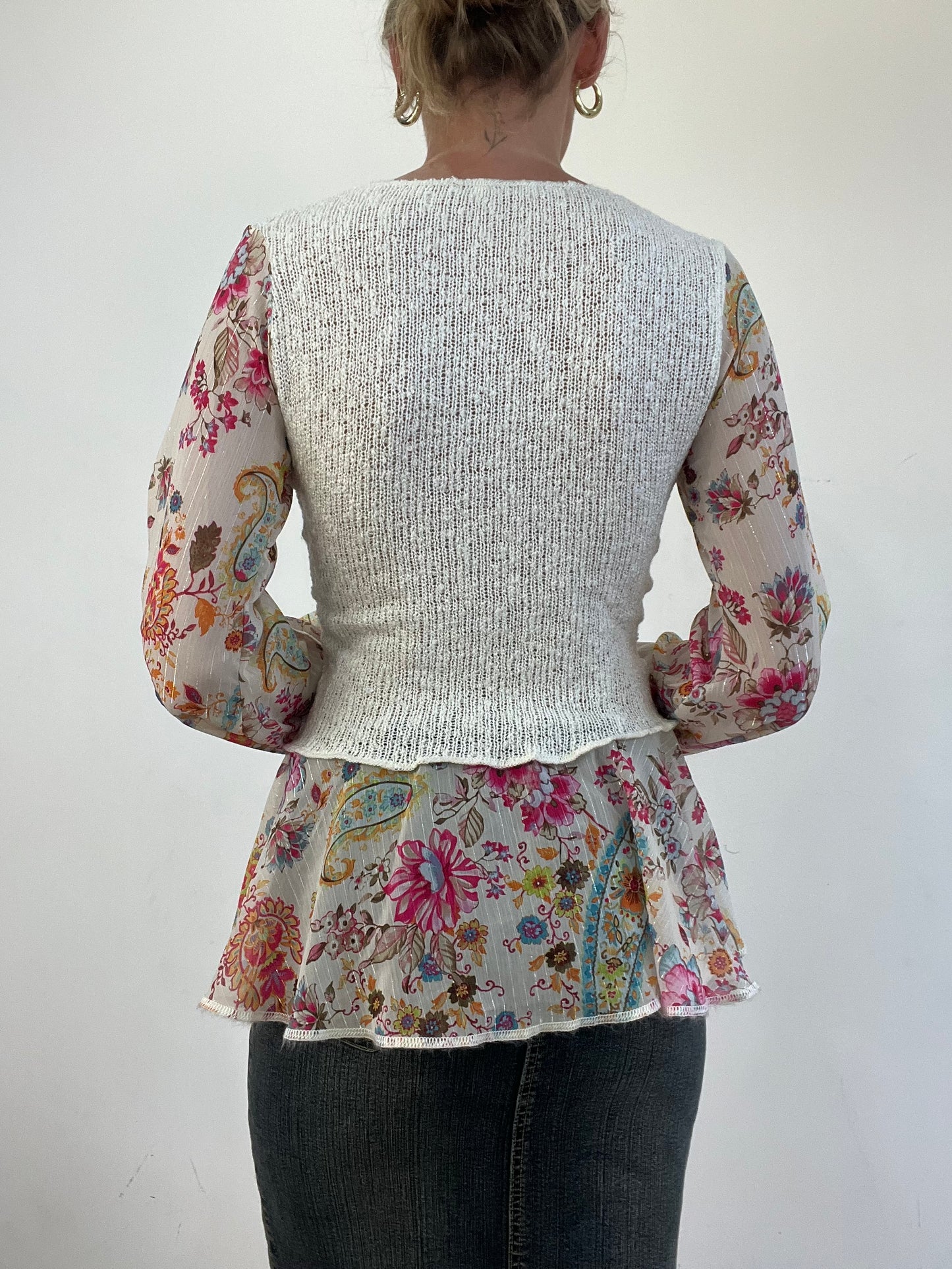 vintage edit eleven | small boho style white and pink floral knitted top
