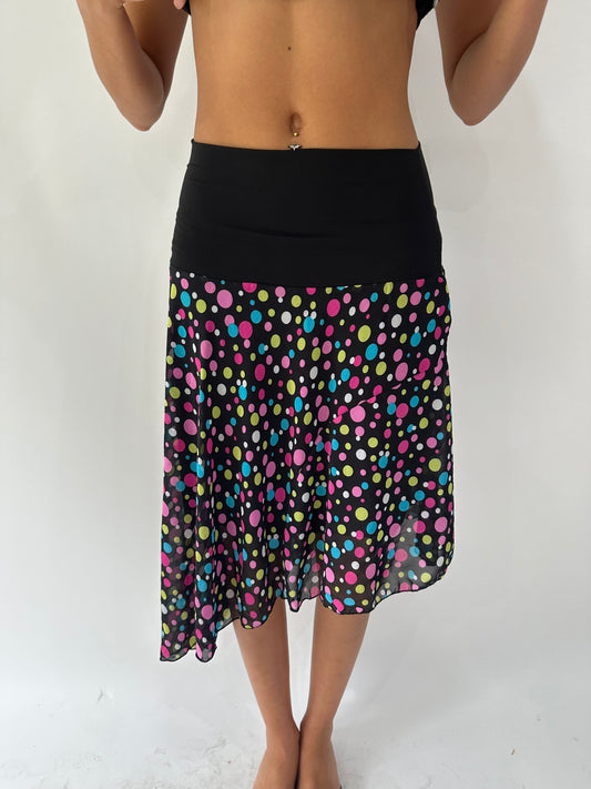 festival drop | small black asymmetric polka dot midi skirt