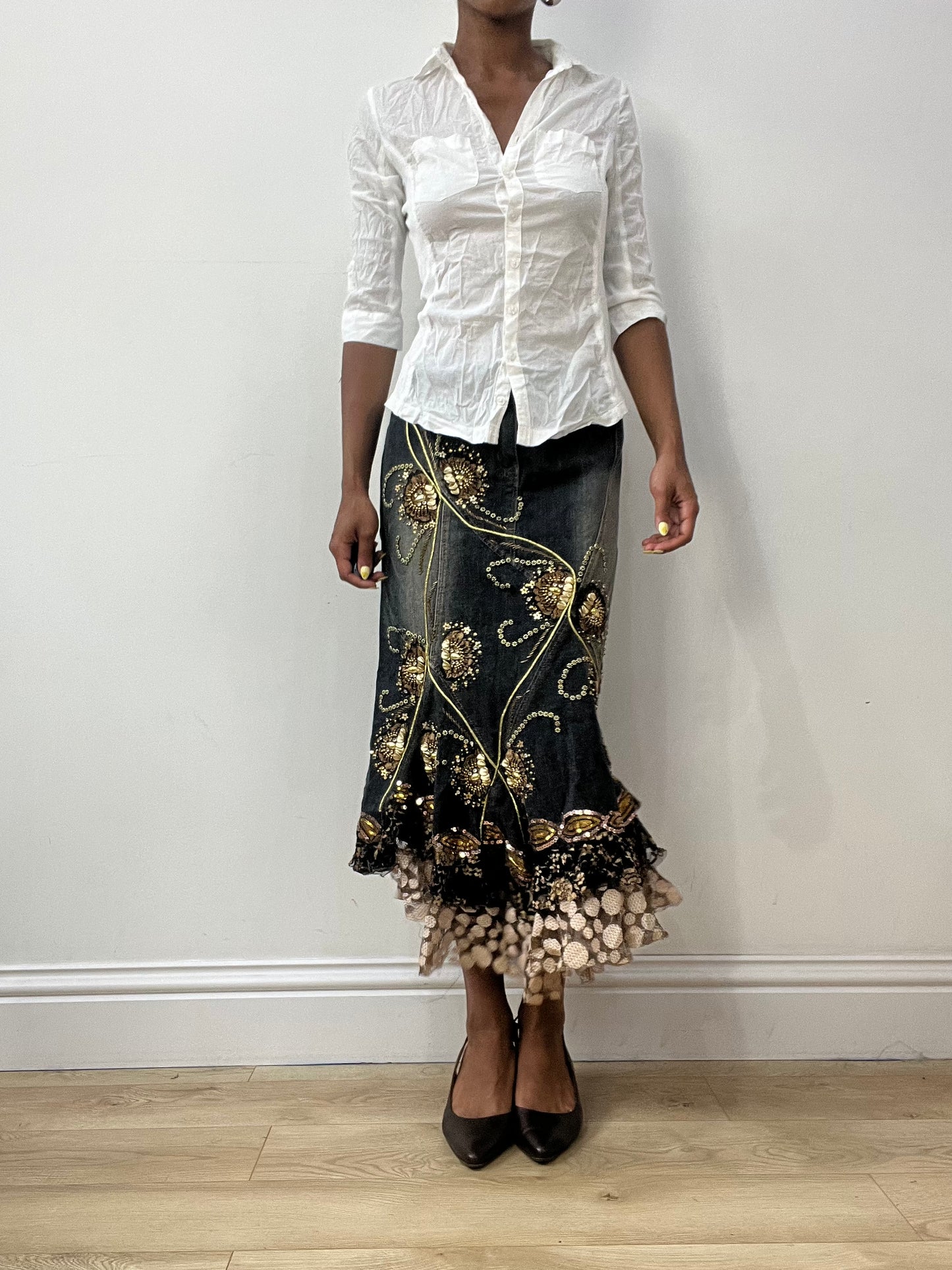 vintage edit thirty-two | medium blue denim maxi skirt with embellishments