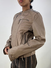 BEST PICKS | small/medium brown leather asymmetric zip jacket