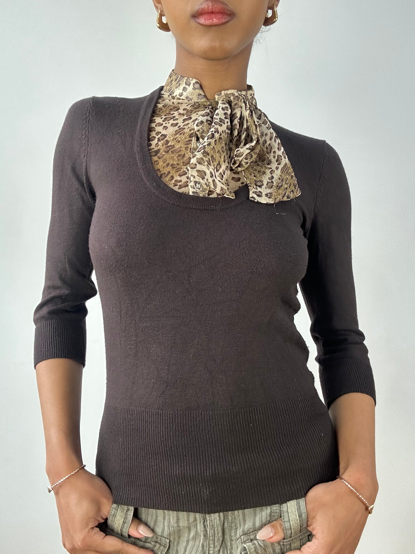 vintage edit fifteen | small brown knit jumper with built in leopard vest