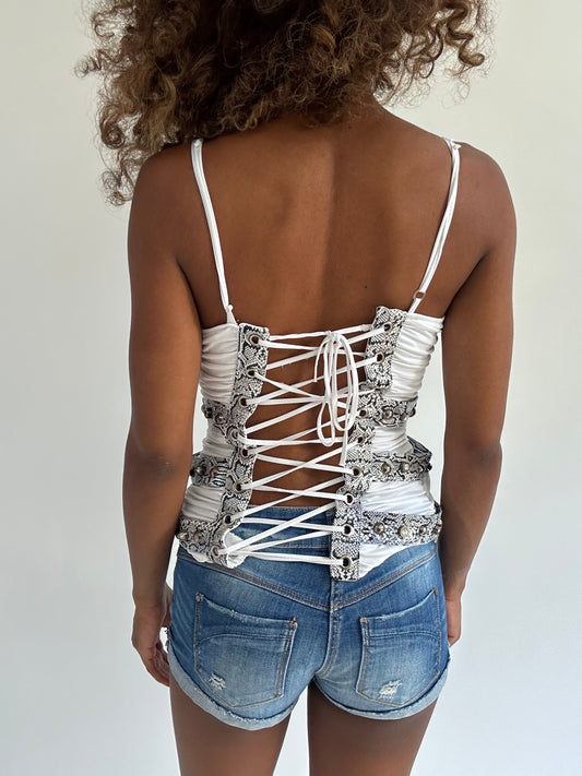 euro trash | small white lace up cami top with snake print detail