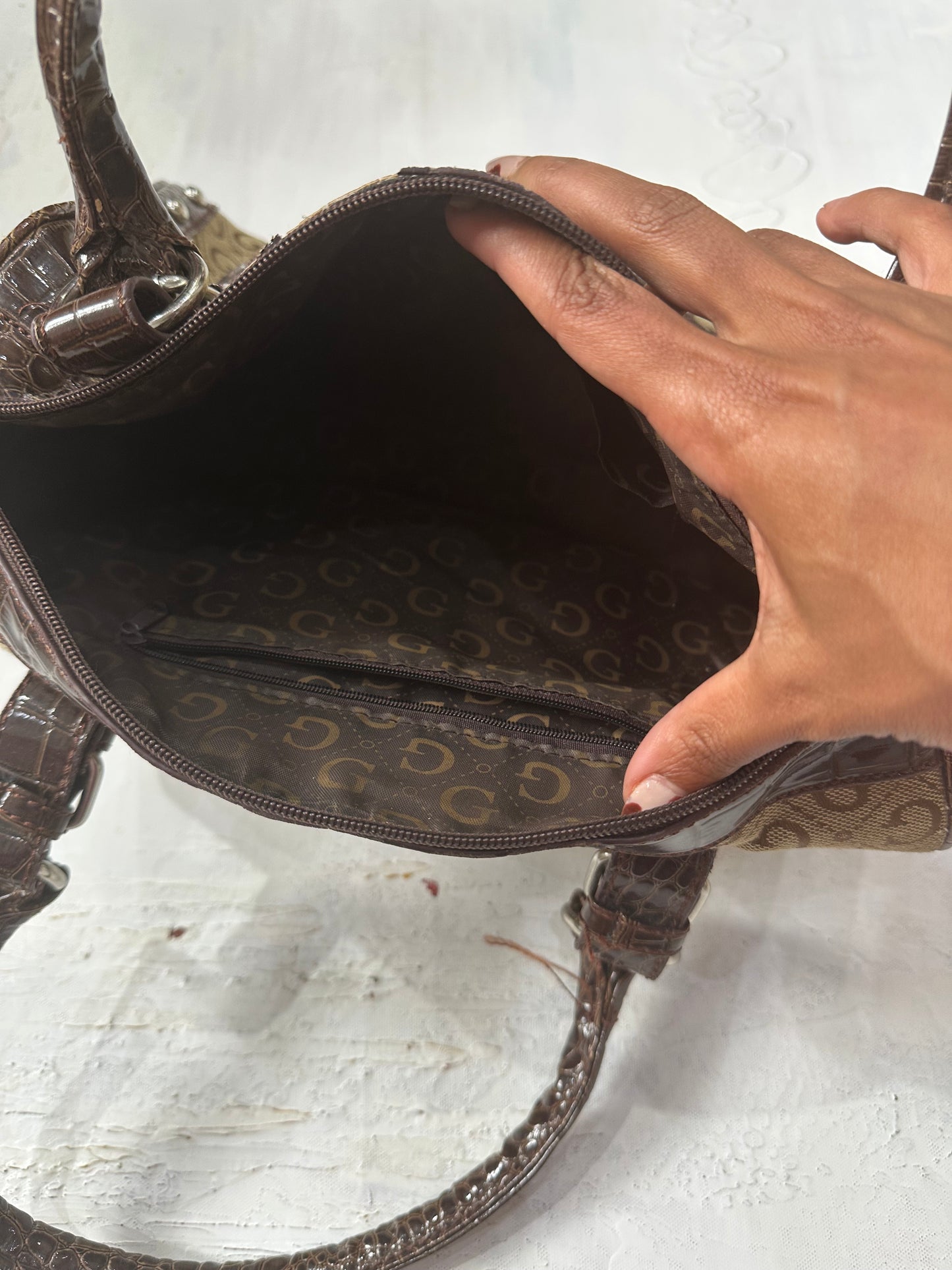 midsummer edit | brown 'G' monogram shoulder bag with faux leather straps