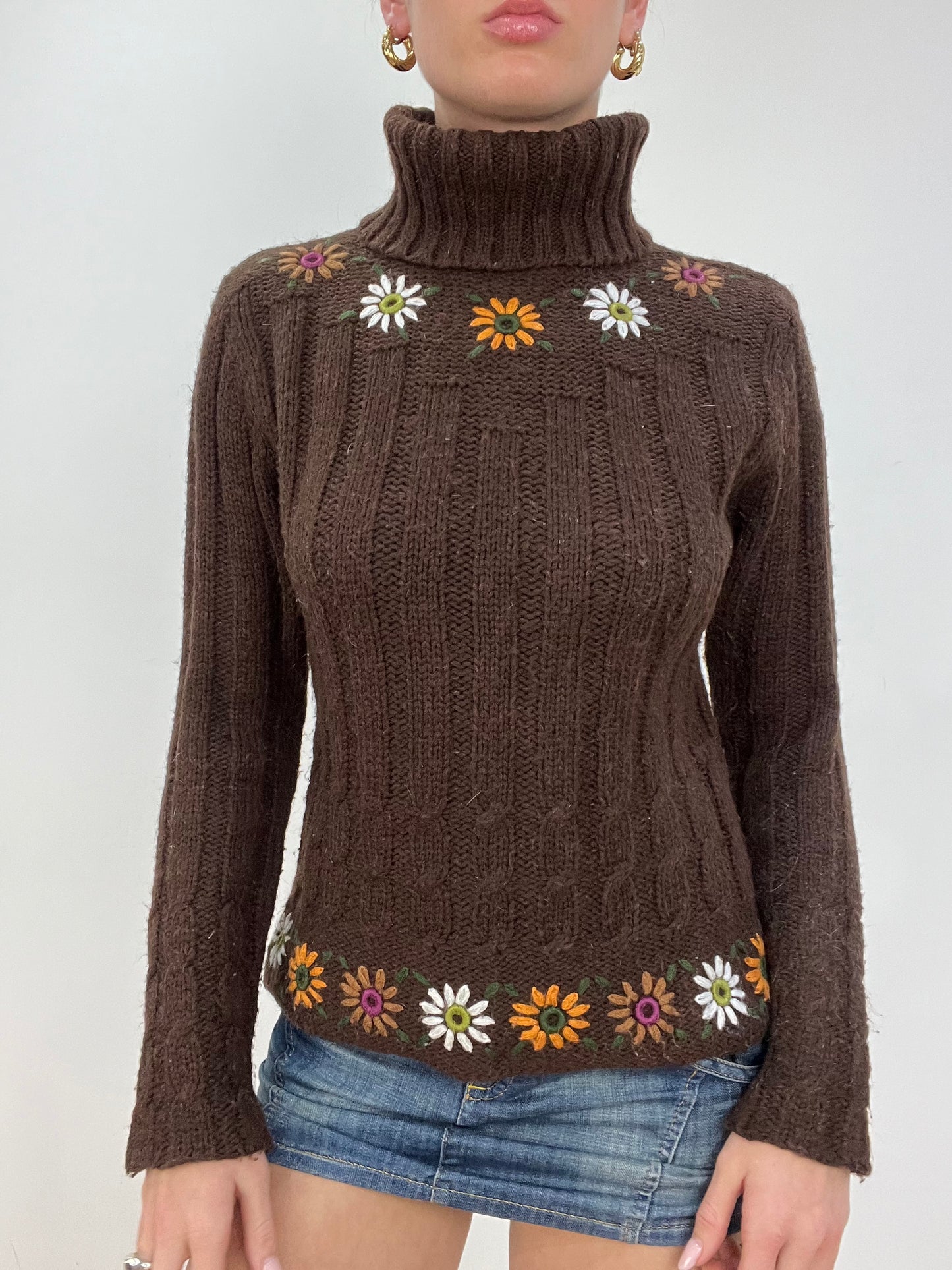 vintage edit nine | small brown ribbed roll neck floral jumper