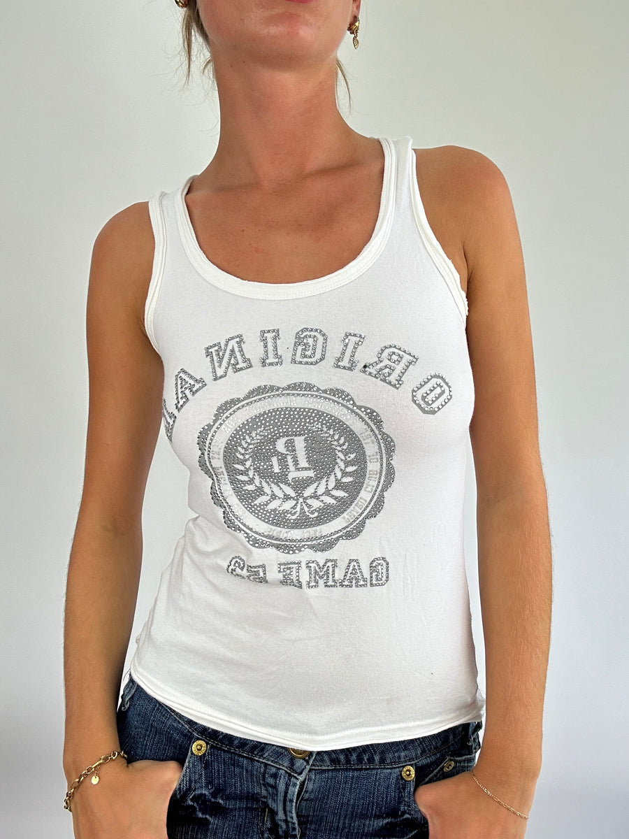 BRITISH SUMMER GIRL DROP | small white tank top with diamantés