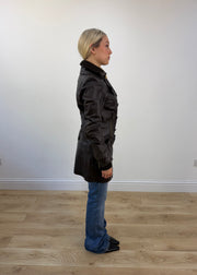 small brown faux leather pea trench coat