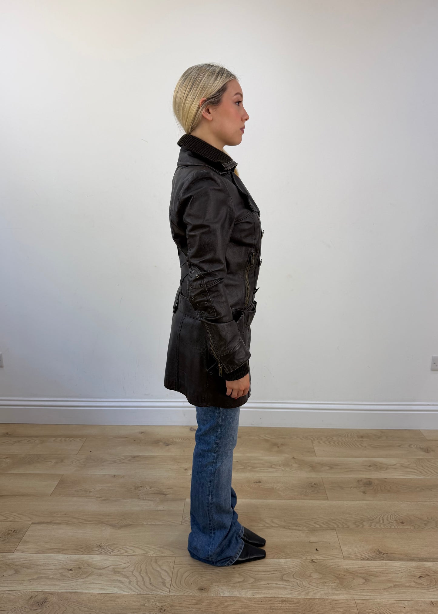 small brown faux leather pea trench coat