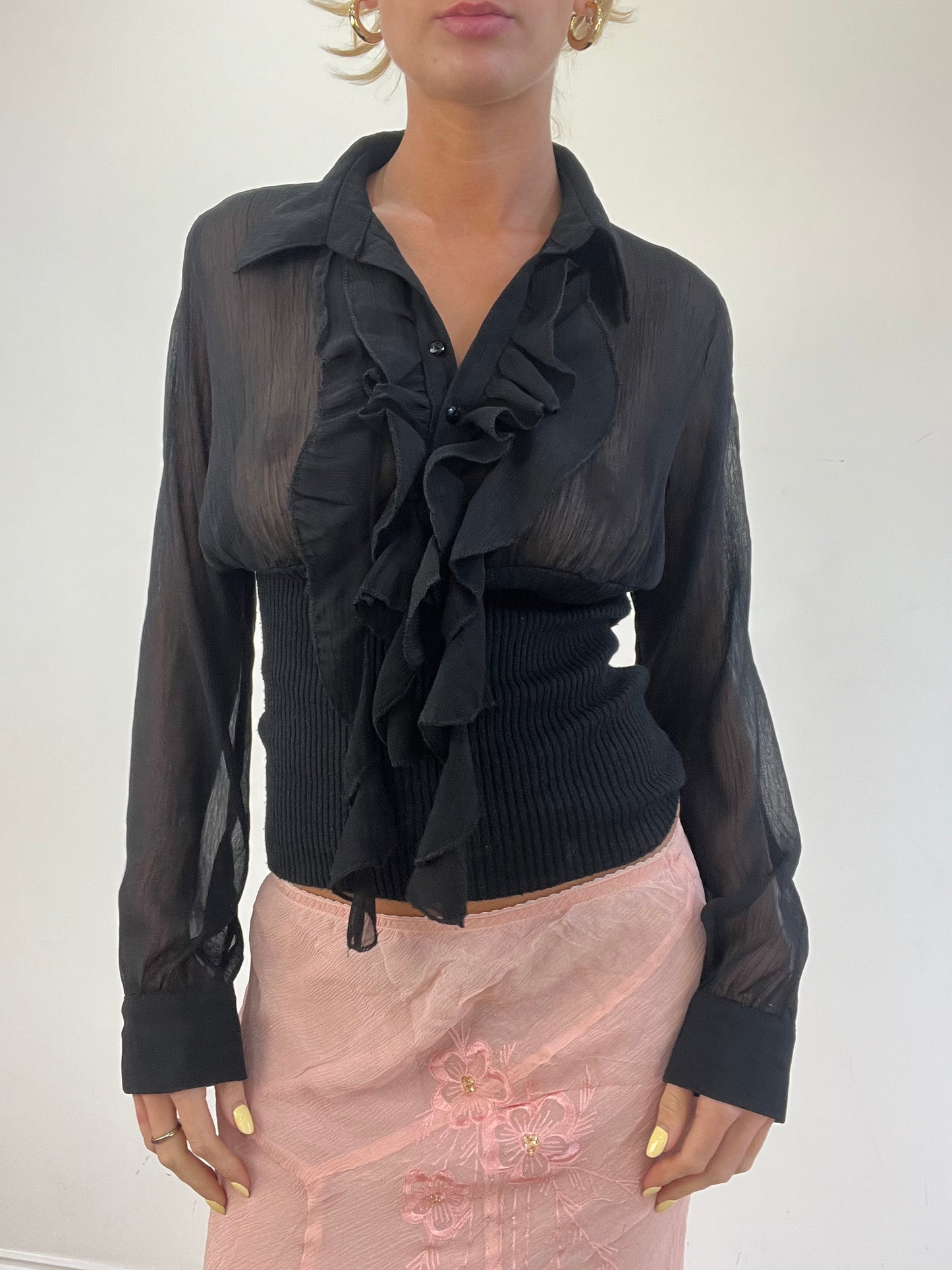 vintage edit eleven | medium black semi sheer ruffle long sleeve shirt