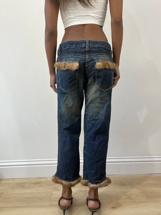 2016 edit | medium blue denim cropped jeans with faux fur detail