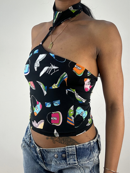 💚 vintage edit eighteen | extra small black halterneck top with shoe print
