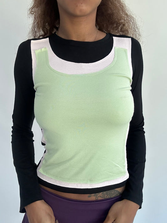 ‼️ | small black long sleeve top with green vest overlay detail