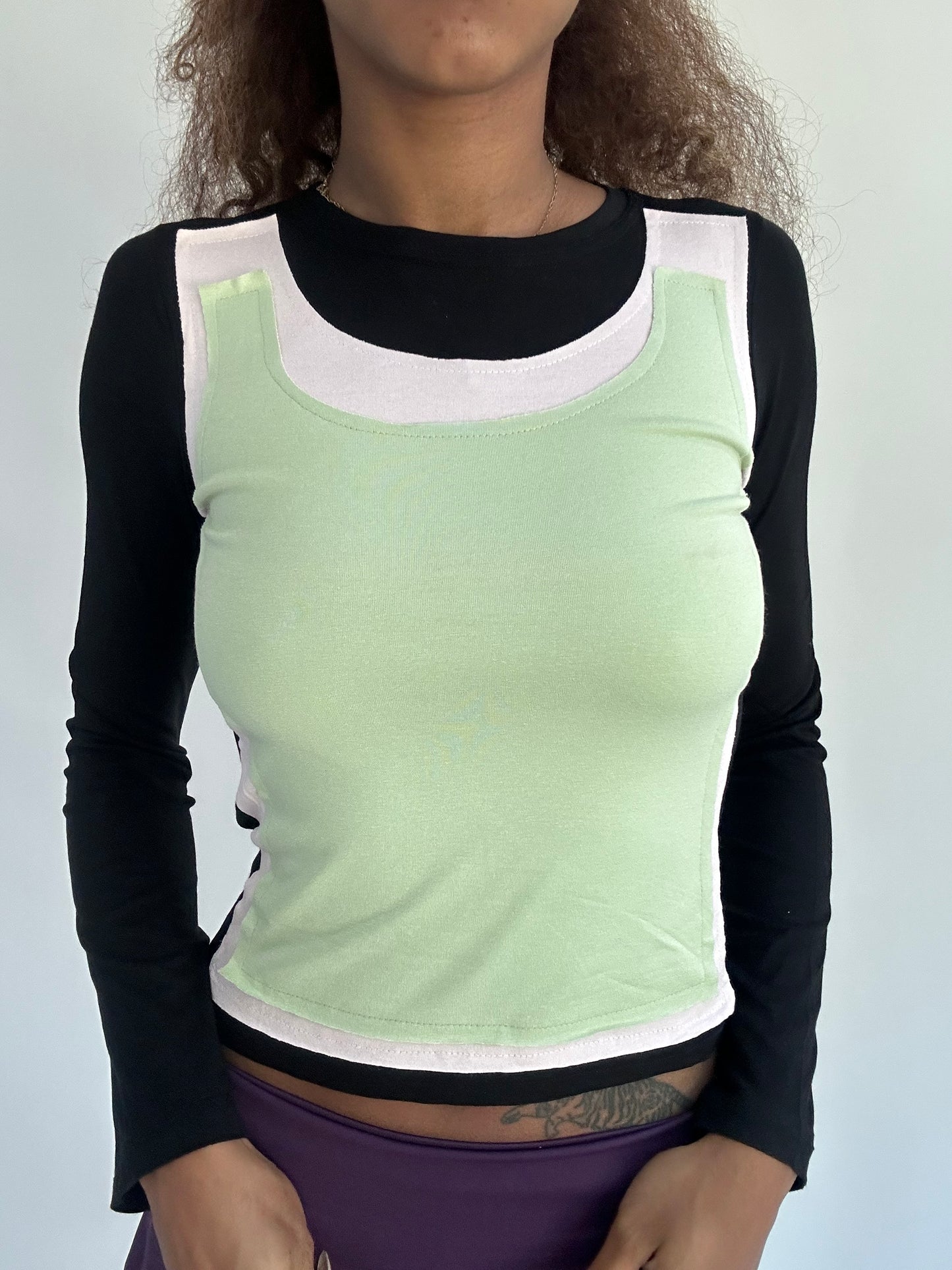 ‼️ | small black long sleeve top with green vest overlay detail