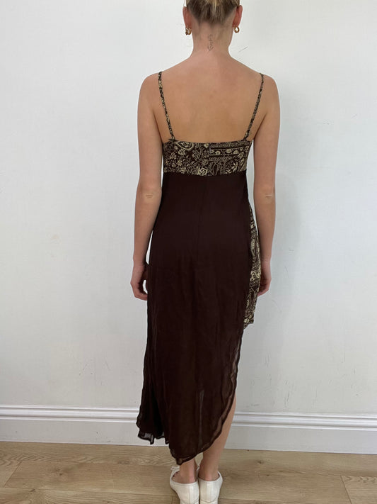 vintage edit: wedding guest | small brown asymmetric maxi dress with paisley print