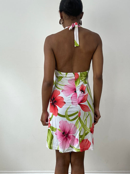 vintage edit twenty-nine | small white halterneck mini dress with floral print