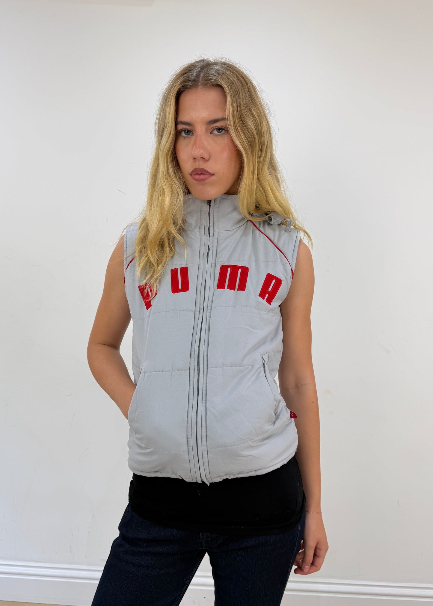 small grey puma puffer gilet