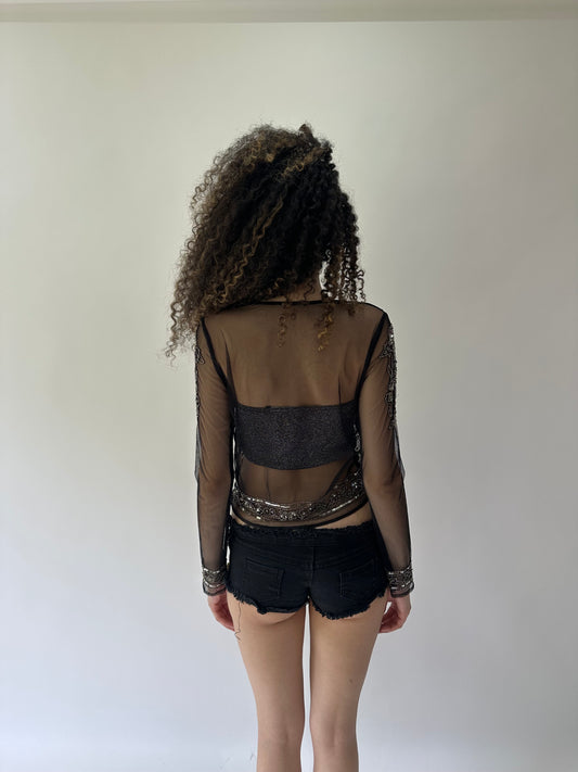 festival drop | small black and silver embellished sheer top
