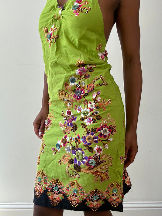 vintage edit twenty-seven | small green halterneck dress with floral sequin patterns and 3d details