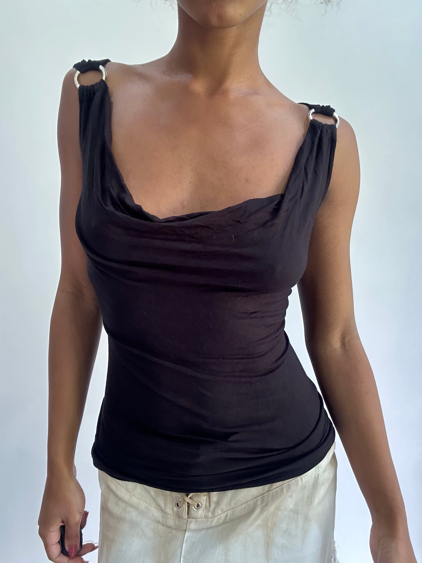 olivia rodrigo drop | small black cowl neck draped top