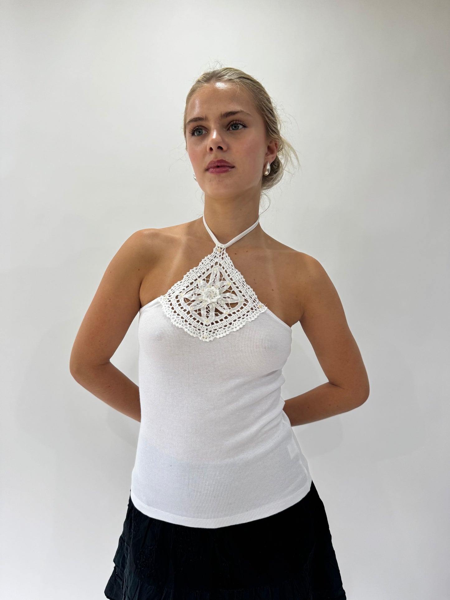 french summer drop | small white crochet halterneck top