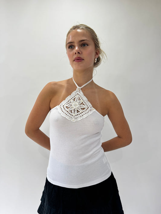 french summer drop | small white crochet halterneck top