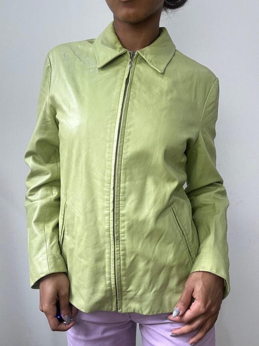 spring edit | small green leather collared zip up jacket