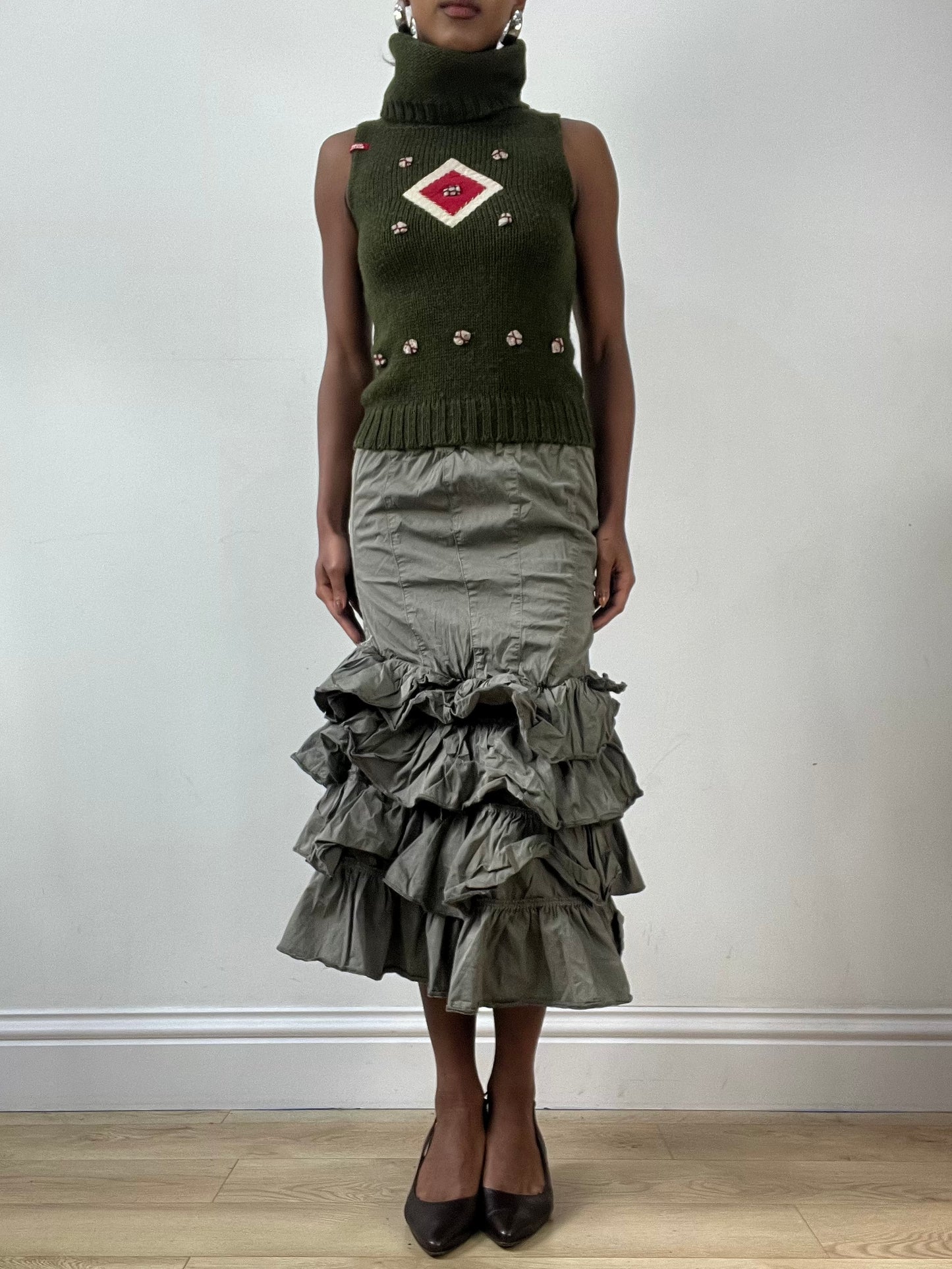 LFW edit | small khaki green maxi skirt with ruffle hem detail