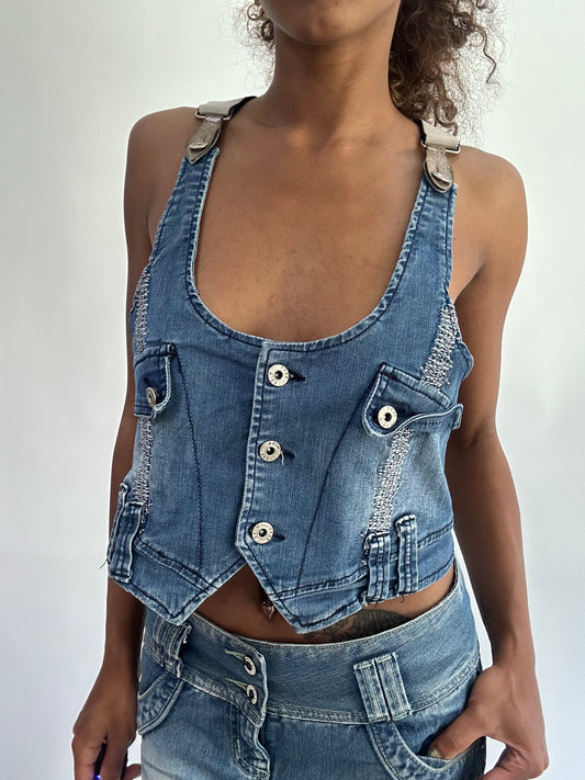 wag drop | small/medium blue denim waistcoat top