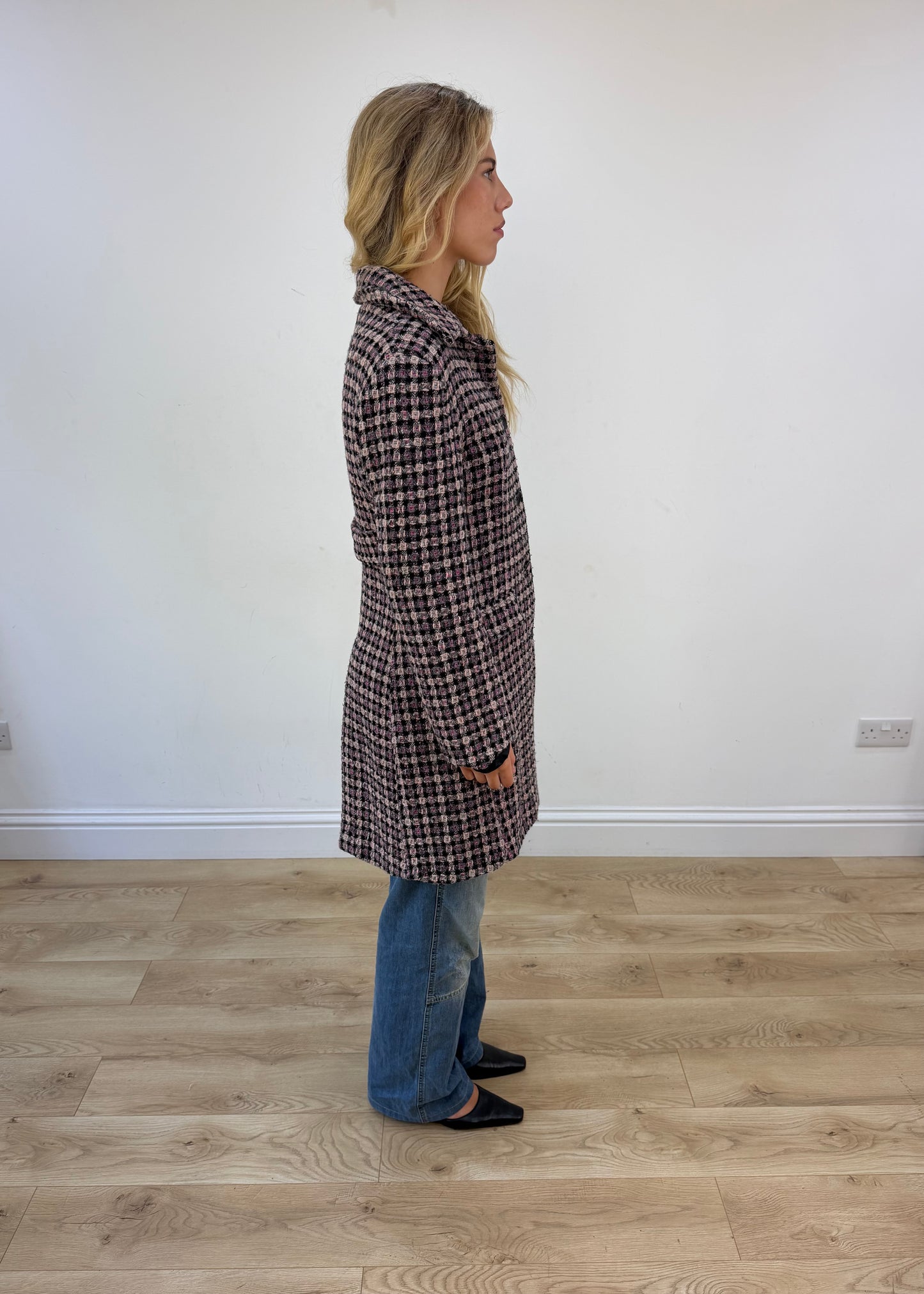 medium purple tweed trench coat