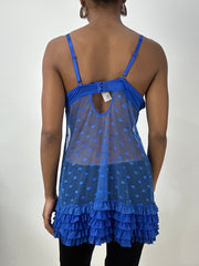 Vintage-Edit: Halloween | mittelblaues, transparentes Babydoll-Top mit Polka-Dot-Print