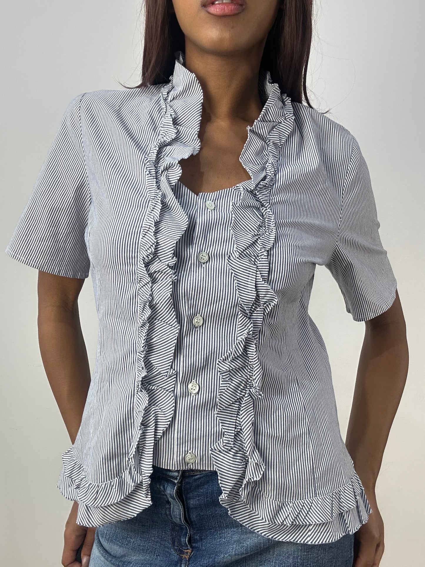 vintage edit thirty-three | medium white and blue pinstripe shirt with ruffle trim