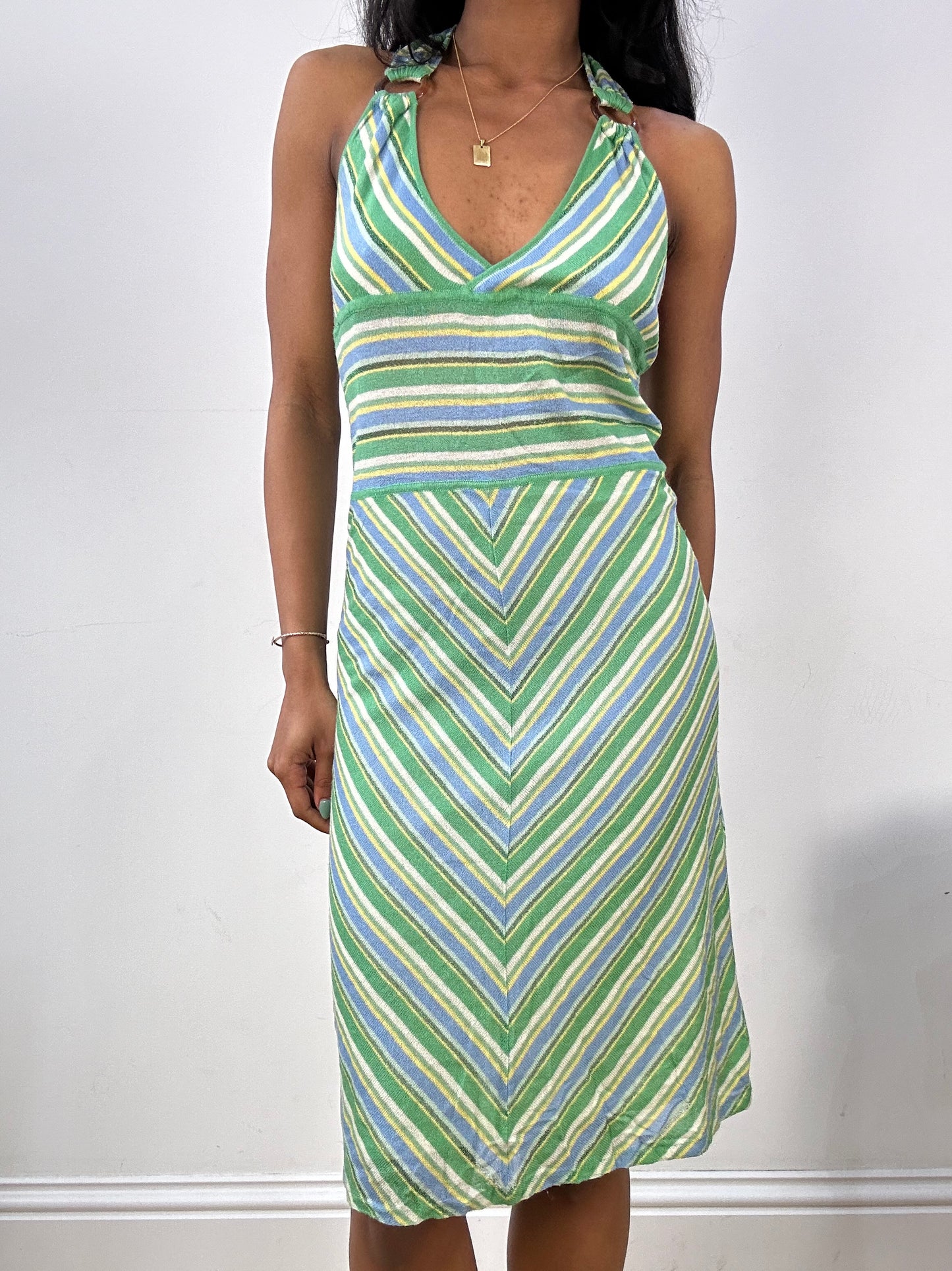 BEST PICKS | large old mango green and white striped halterneck midi dress