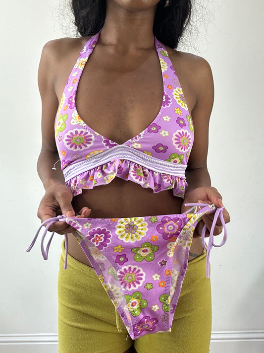vintage edit twenty-five | small purple bikini set with floral print and ruffle detail