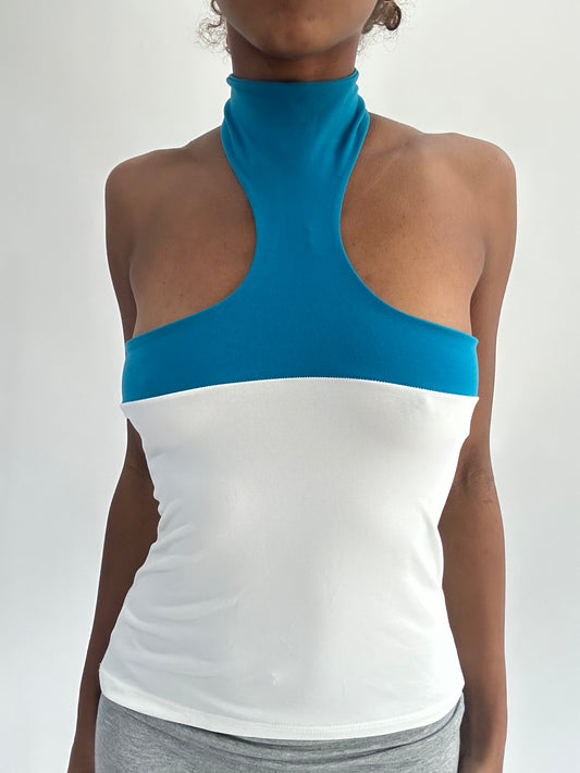 ‼️ | small white high neck top with blue panel detail