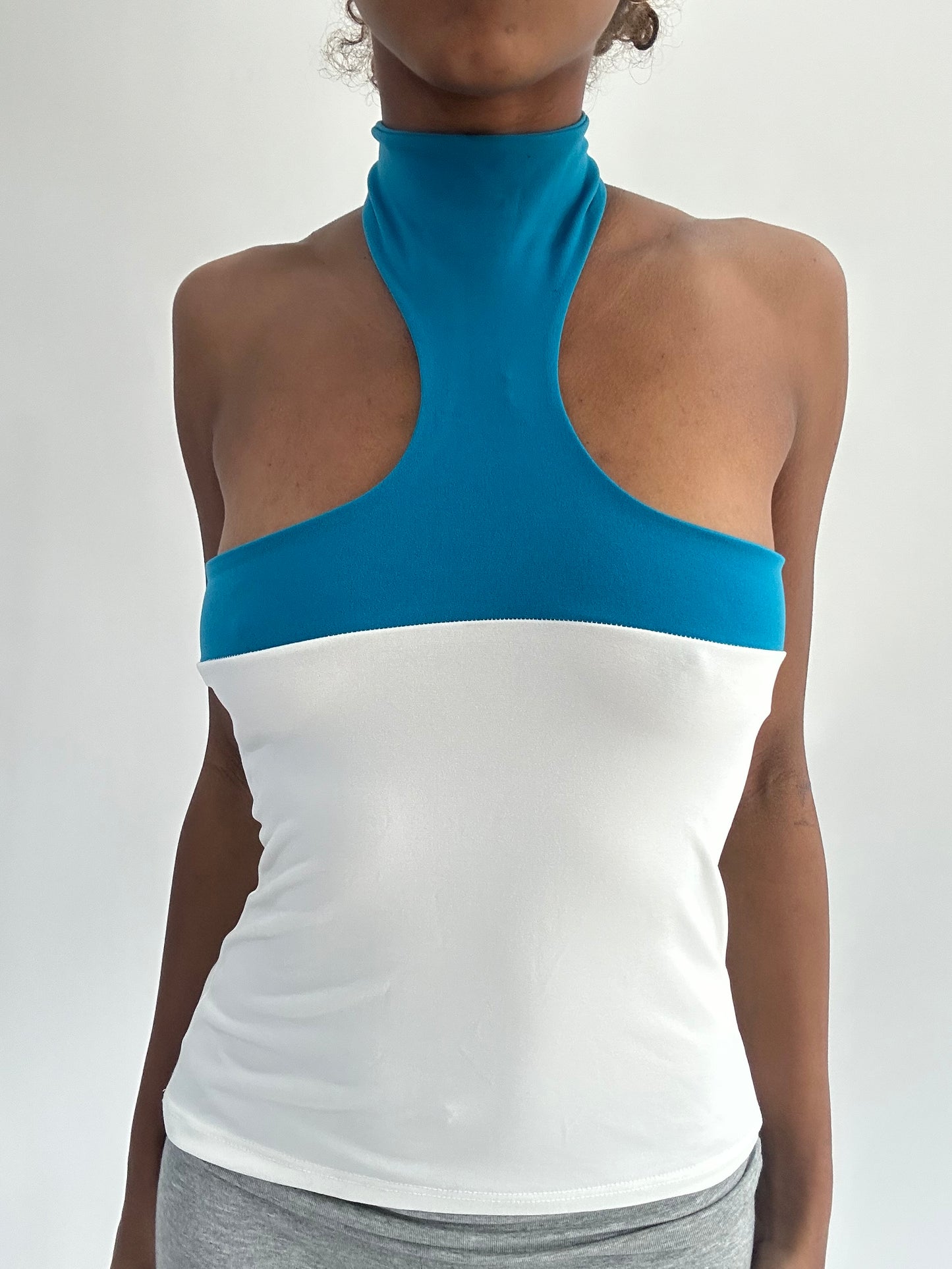 ‼️ | small white high neck top with blue panel detail