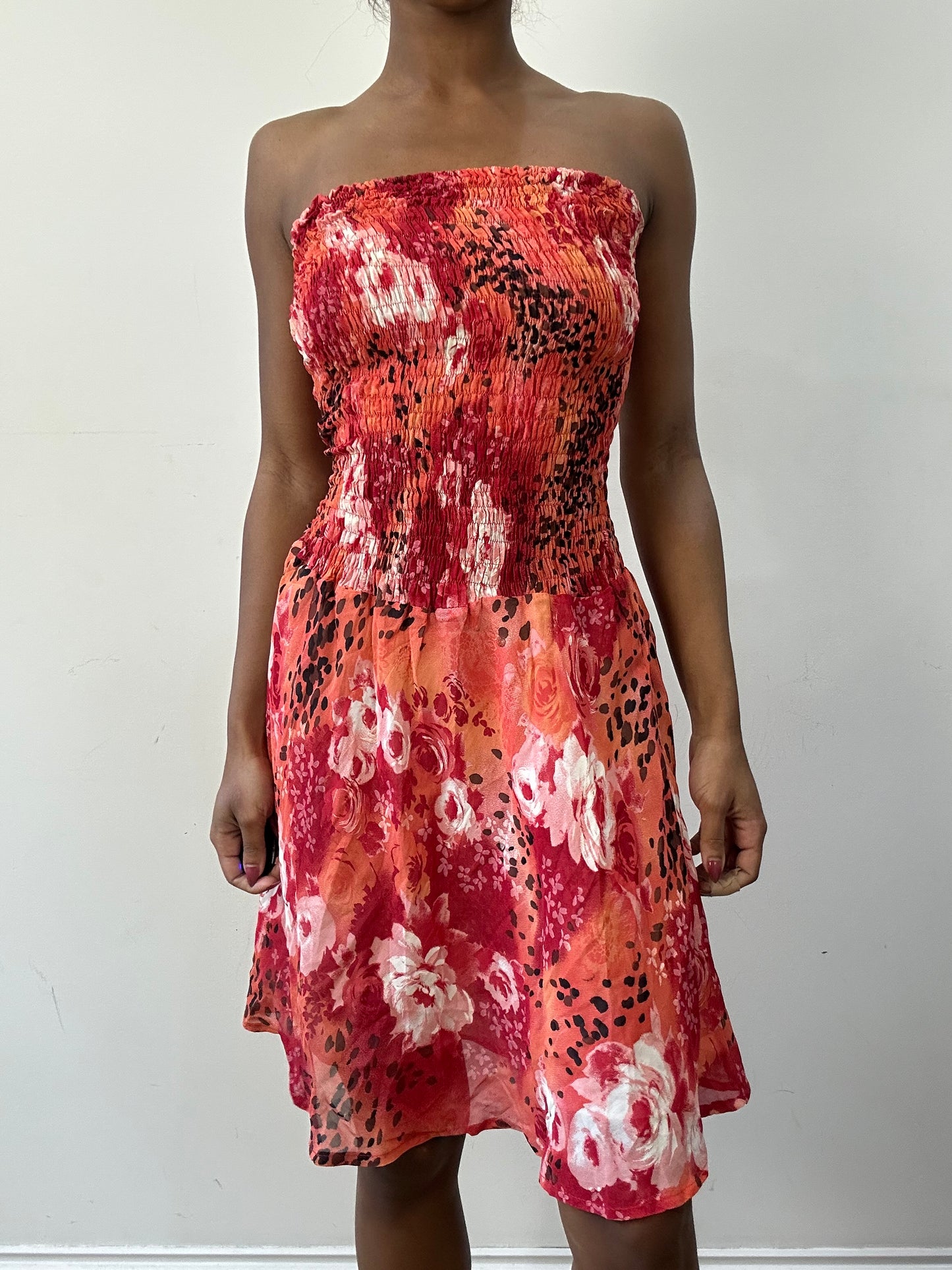 BEST PICKS | small orange and pink ruched bandeau mini dress