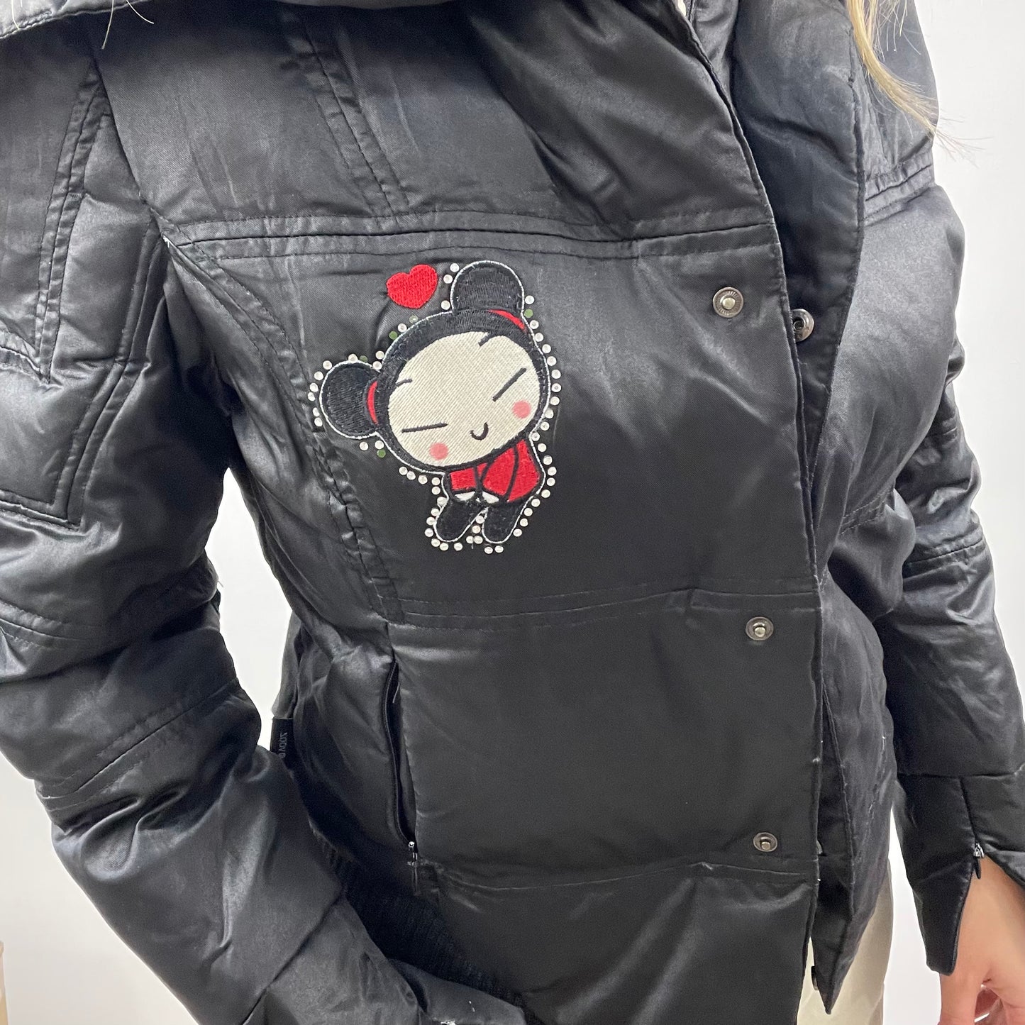 CHALET GIRL DROP | small black padded jacket with girl graphic